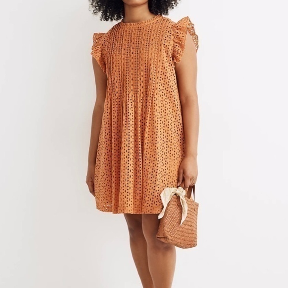 Madewell Eyelet Ruffle Sleeve Pintuck Mini Dress Mulled Cider AN137